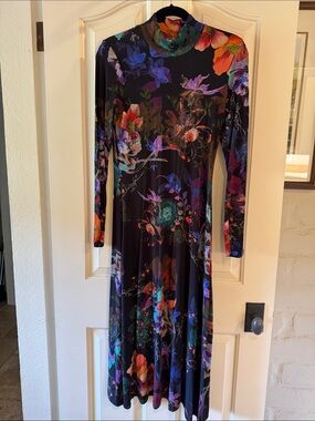 Johnny Was Janie Black Floral Turtleneck Long Sleeve Dress Like New